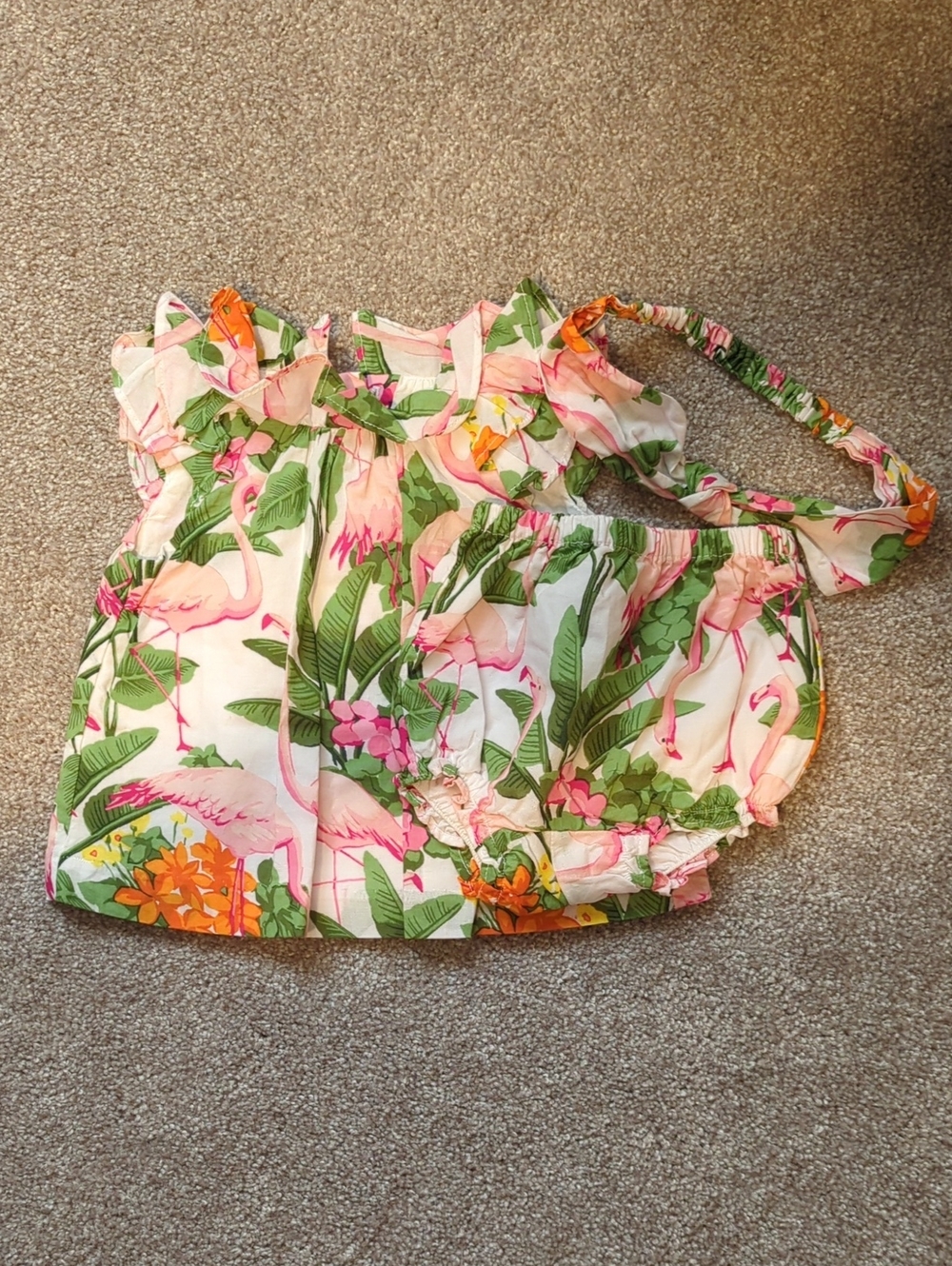 Janie And Jack 0-3 Months Girl Tropical Flamingo Baby Set - Pink & Green